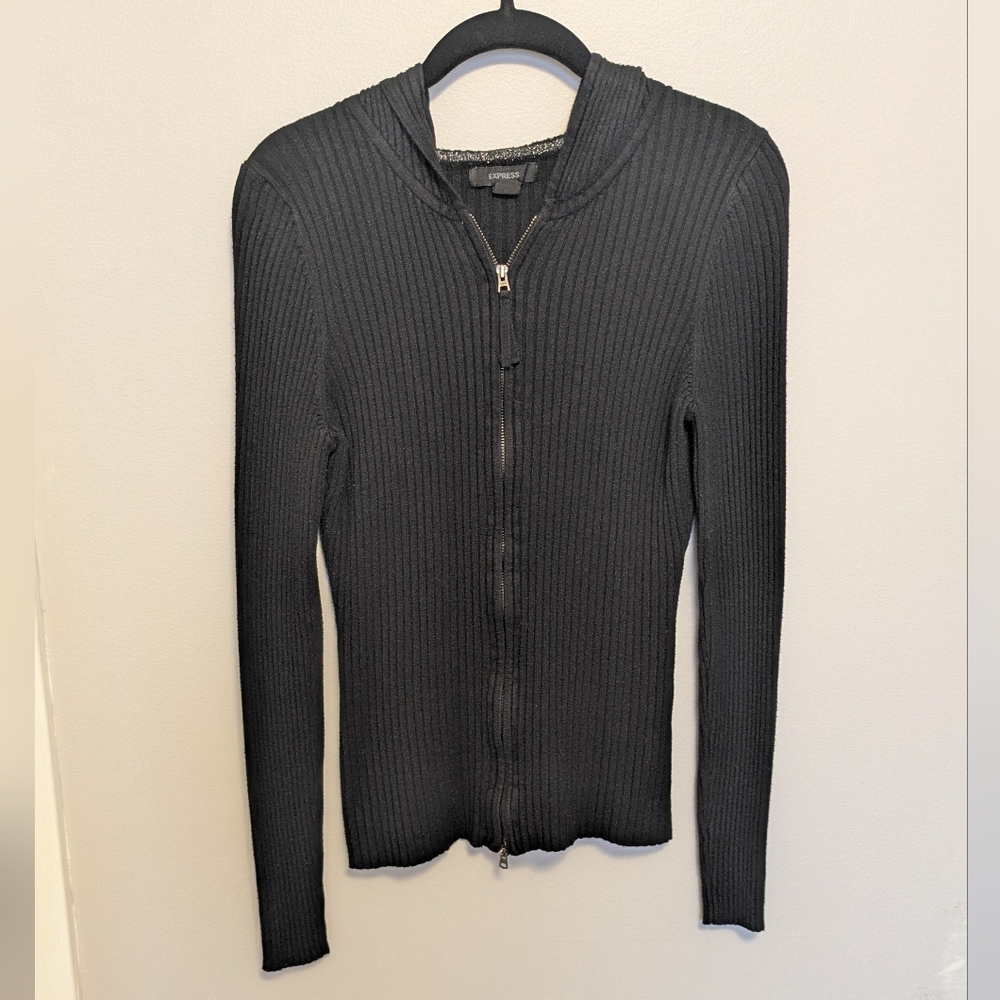 Express Black Ribbed Hoodie Zip Up Cardigan